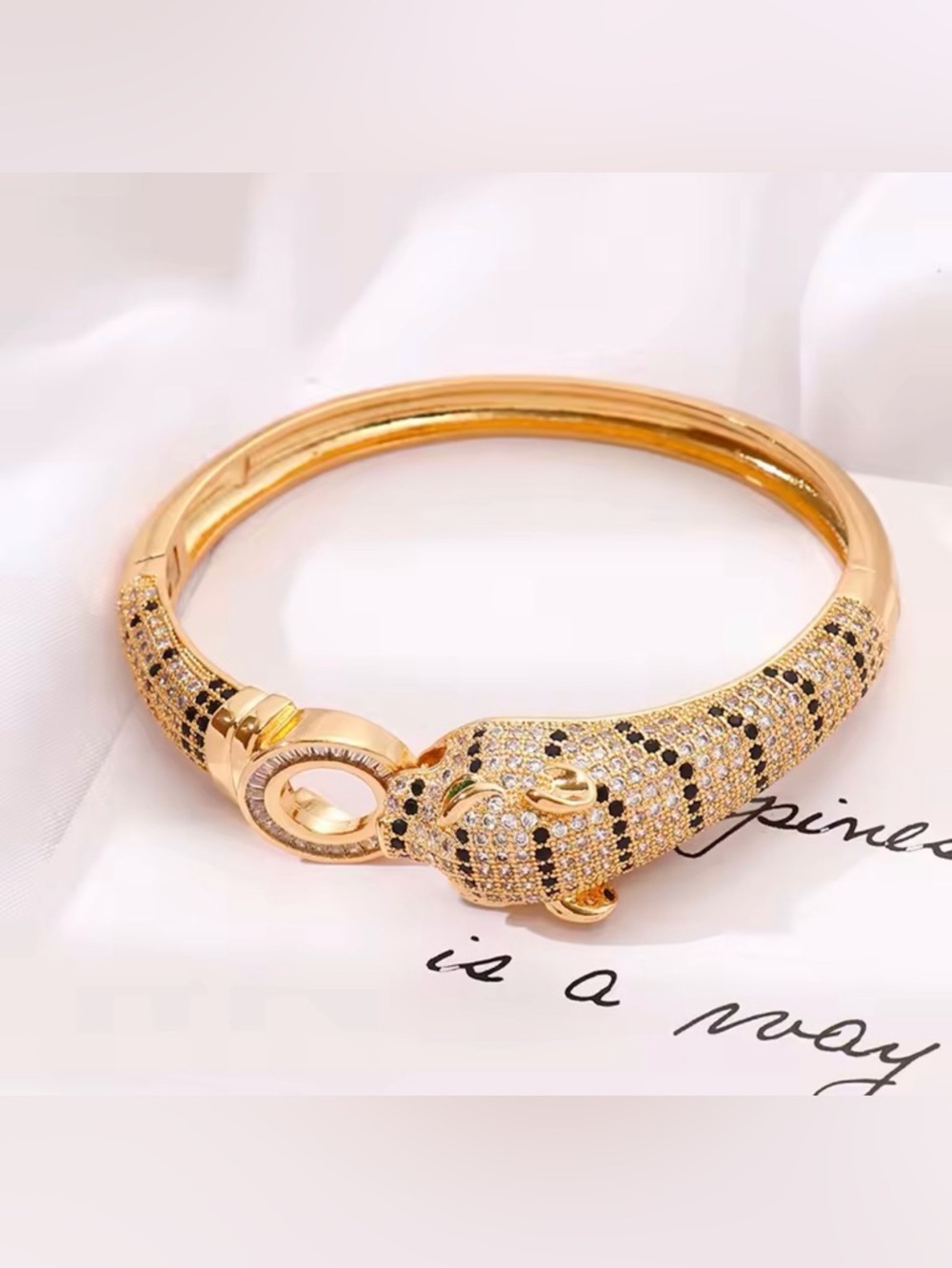Gold Tone Big Panther Head Crystal Bangle Bracelet - Women's Jewelry